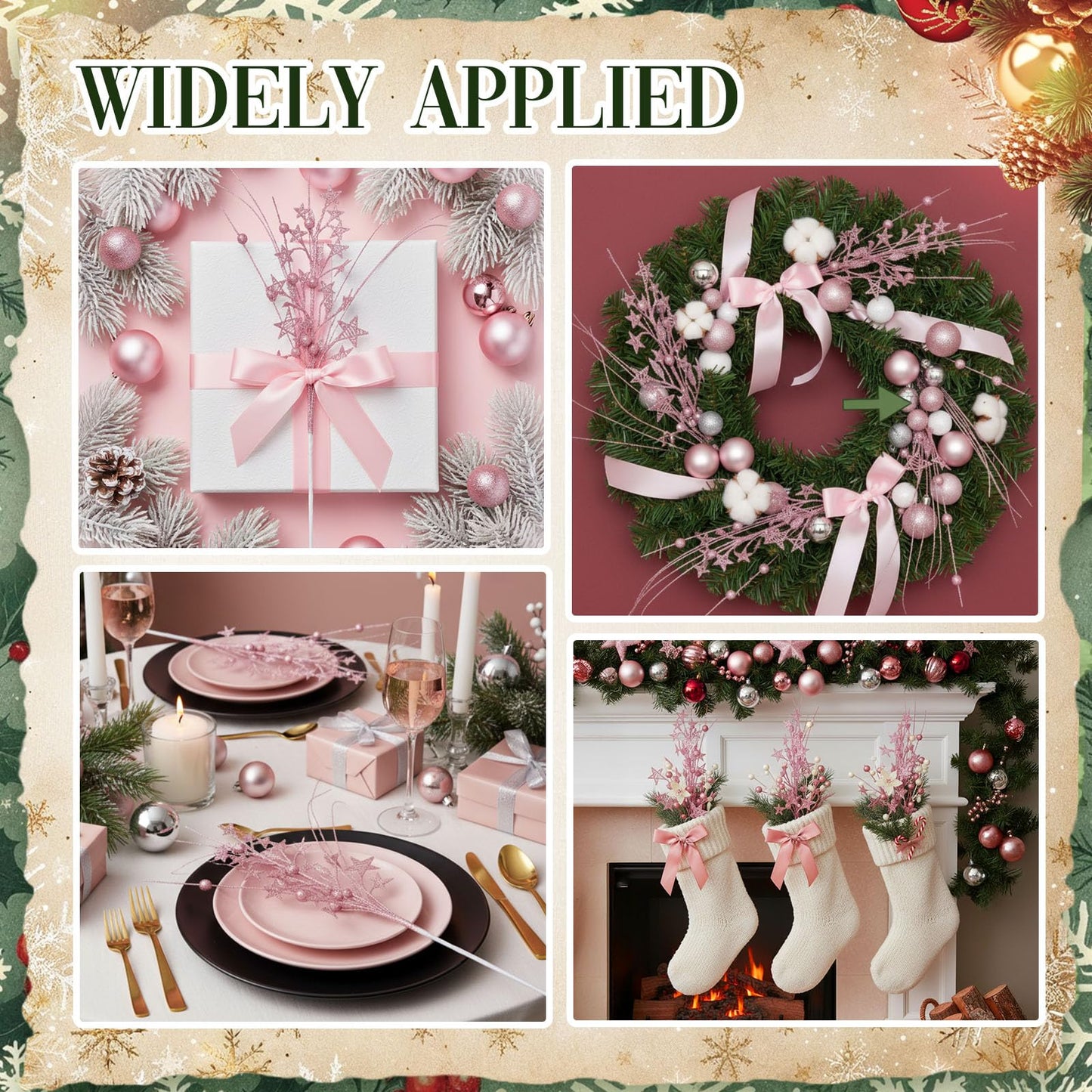 Simgoing 24 Pcs Artificial Christmas Berry Stem Picks Star Picks Faux Floral Berry Spray Branches Christmas Table Centerpiece Home Office Vase Filler Decoration (Pink)