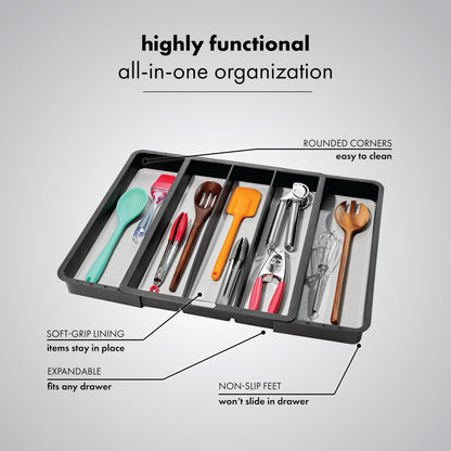 madesmart Classic Large Utensil Tray, Soft Grip, Non-Slip Kitchen Drawer Organizer, 3 Compartments, Multi-Purpose Home Organization, BPA Free, White
