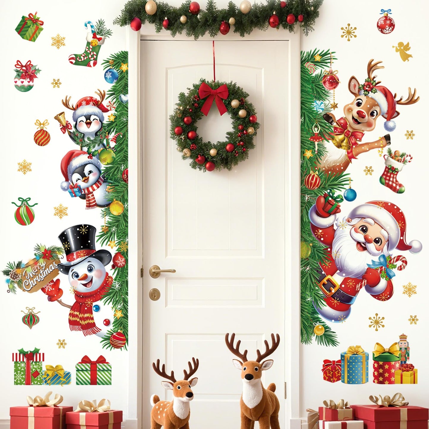 wondever 3D Christmas Santa Claus Reindeer Wall Stickers Snowman Penguin Snowflakes Peel and Stick Wall Art Decals for Window Xmas Home Party