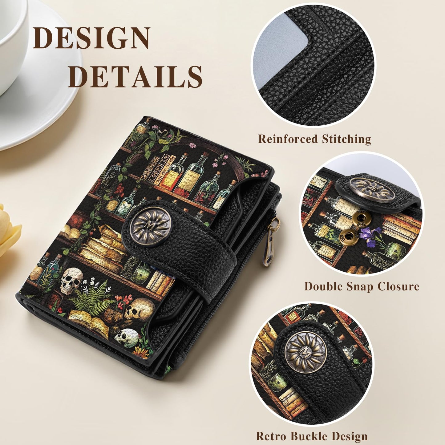 Mayski Skull Bookshelves Gothic Small RFID Wallet Women, PU Leather Bifold Zipper Coin Pocket Compact Cash Credit Card Holder Purse, Cute Travel Wallet for Ladies Teen Girls, 4 ID Window 14 Card Slots