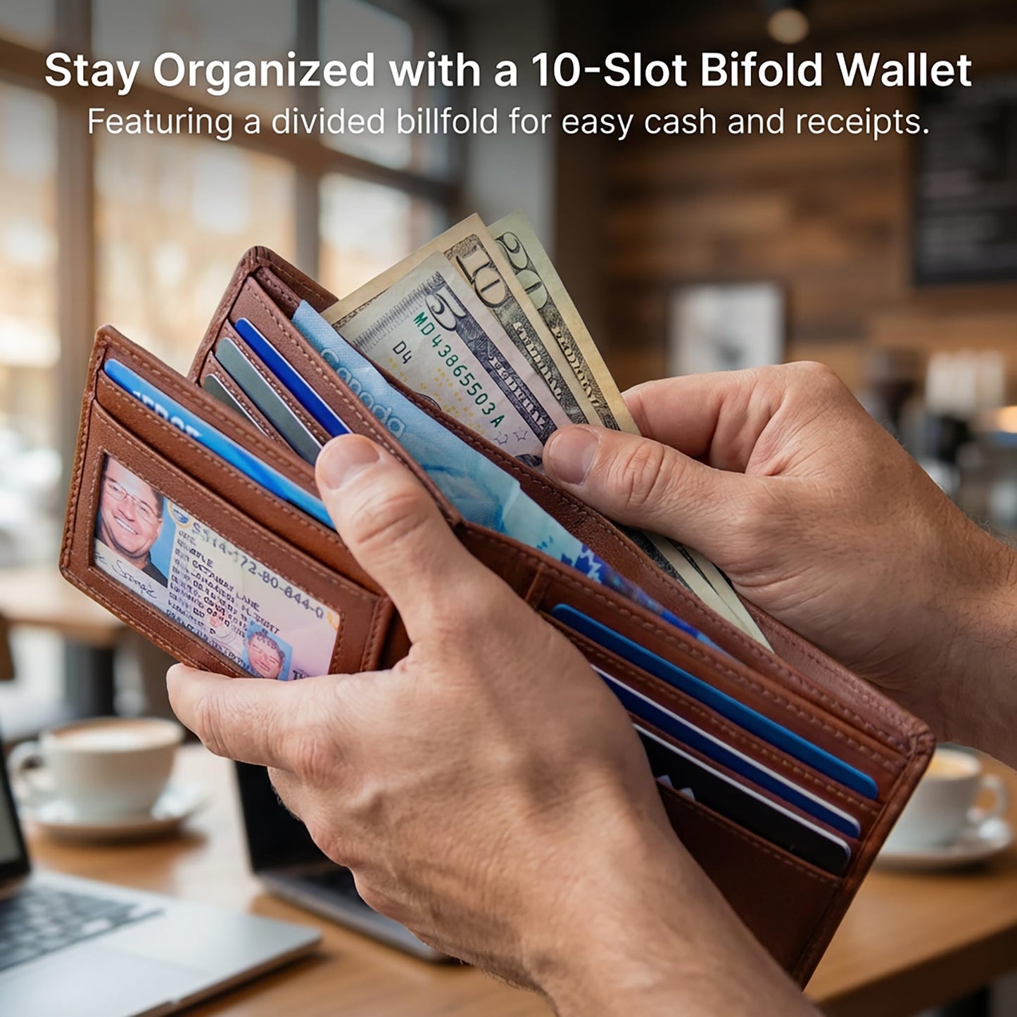 ID Stronghold Extra Capacity Bifold Wallet for Men - RFID Blocking Genuine Leather Wallet (Antiqued Brown)