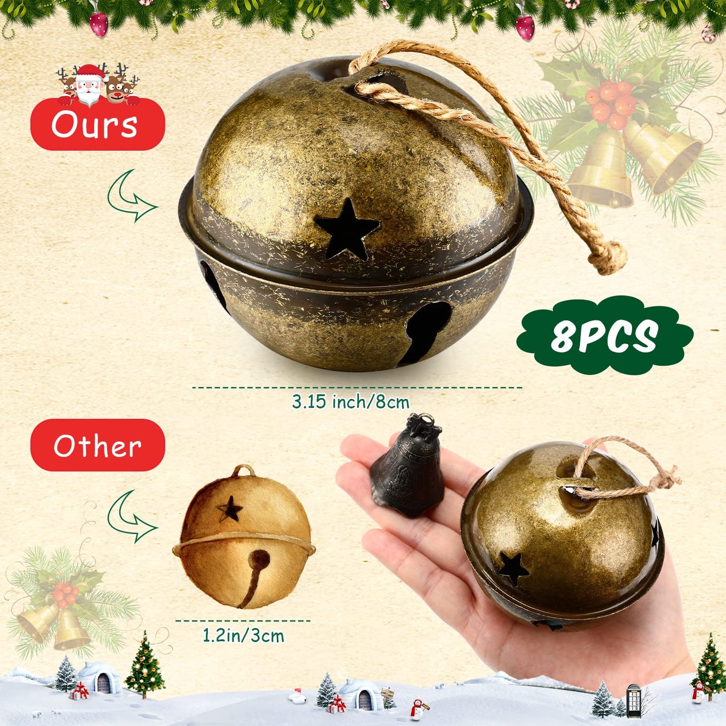 Zhengmy 8 Pcs Jumbo 3.15'' Christmas Star Cutouts Bells for Craft Large Bells Xmas Ornament Christmas Tree Decor (Brass)