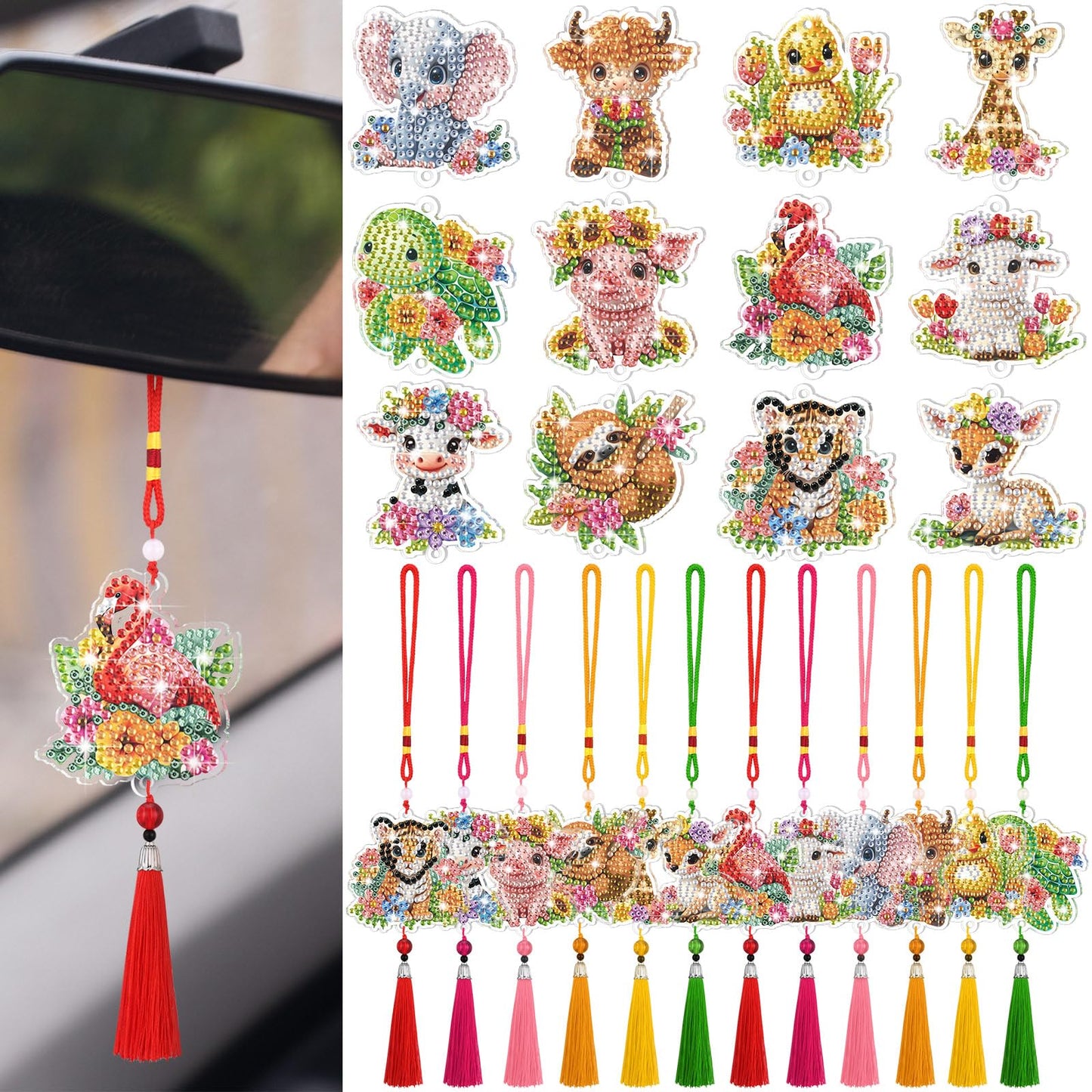 JenPen 12 Pcs Diamond Painting Car Ornaments Diamond Art Ornament for Car Double Sided Painting Hanging Ornament Crystal Gem Garden Decoration Paint DIY Kit(Animals)