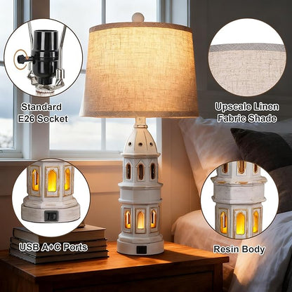 PARTPHONER Coastal Table Lamps Set of 2, Beach Lamps for Living Room with USB A+C, Nautical Lighthouse Lamps, Modern Bedside Nightstand for Bedroom, End Table and Reading