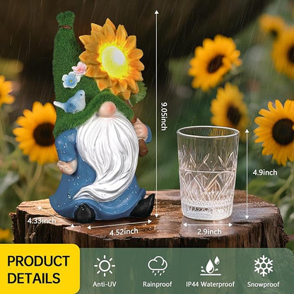 Solar Gnome with Glowing Sunflower Light,Weatherproof Resin Garden Figurine Decor Auto On/Off - Fairytale Statue Gift for Patio,Yard