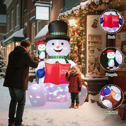 Dawdix 7 FT Christmas Inflatable Snowman Outdoor Decorations, Blow up Snowman Yard Decor Built-in Colorful Rotating LED, Penguin & Reindeer Christmas Decoration, Xmas Holiday Decor for Garden Lawn