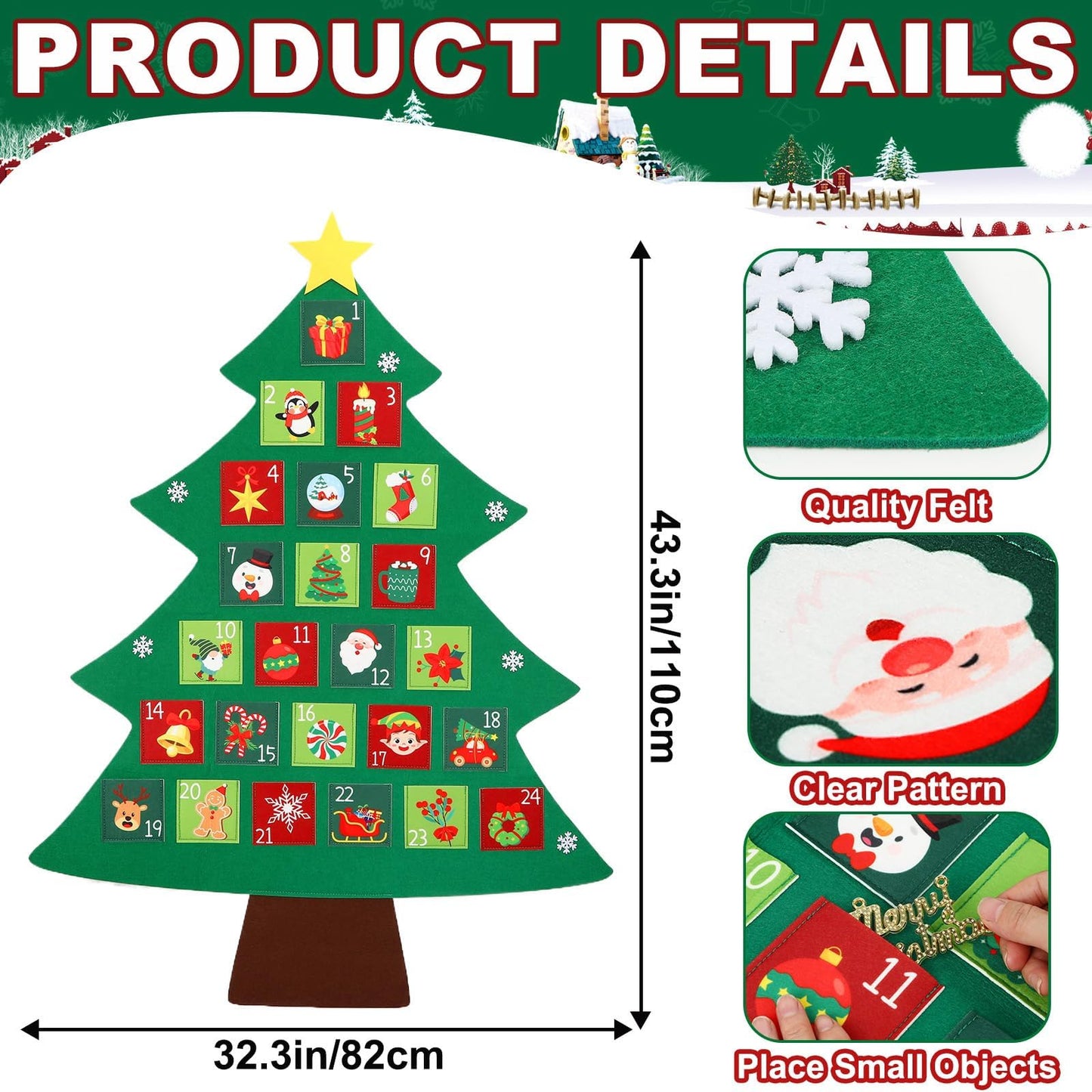 Christmas Tree Advent Calendar 2025, 24 Days Countdown Calendar with 24 Festive Pockets Advent Christmas Countdown Calendar Xmas Hanging Advent Calendar Wall Door Hanging Decor Gift for Kids Adults