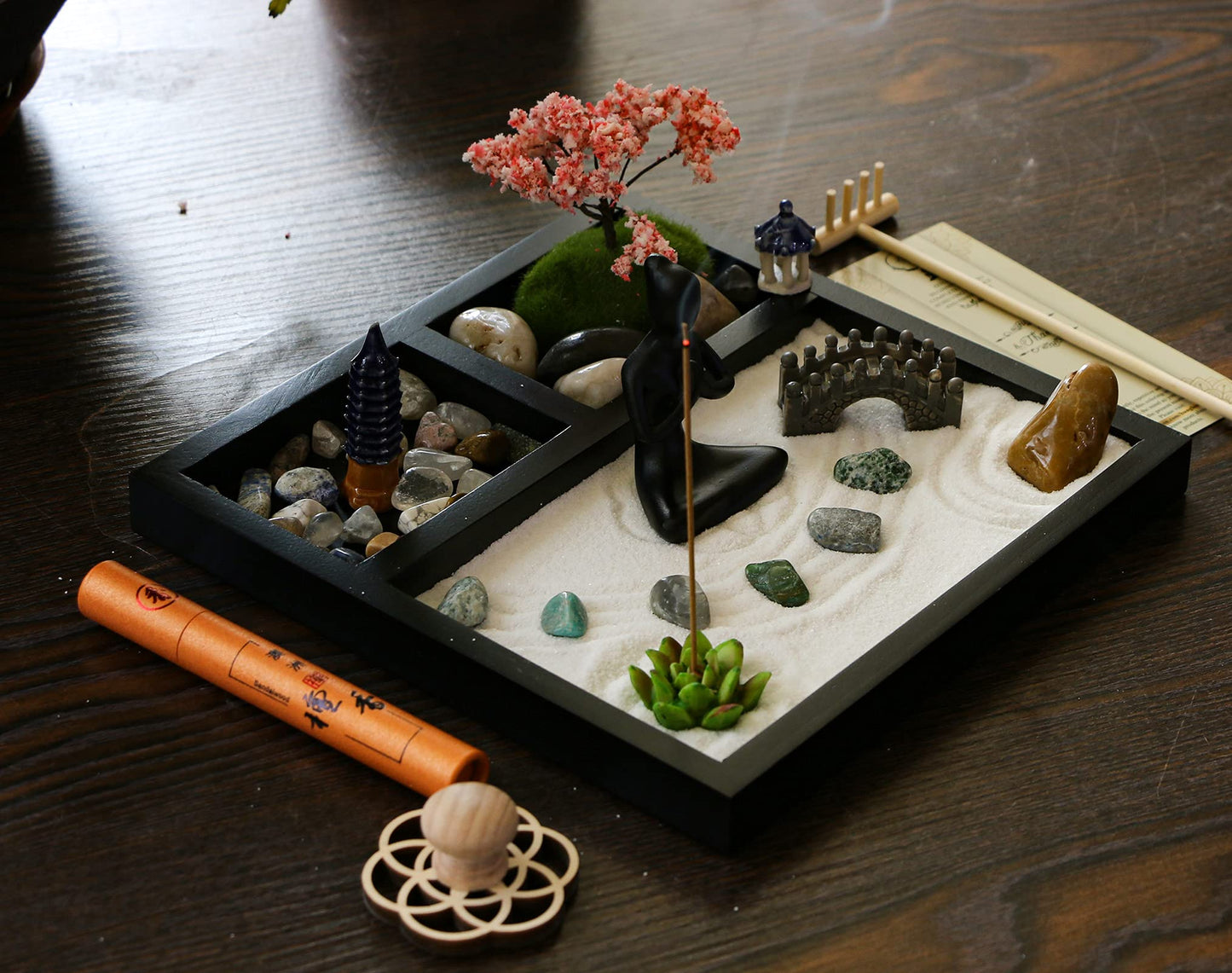 BangBangDa Desktop Meditation Yoga Zen Garden Kit Japanese Tabletop Rock Sand Chakra Shrine Altar Japanese Zen Decor Home Office Desk Zen Gifts for Women Man Birthday w/Rake Tool Accessories Bonsai