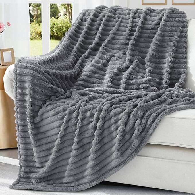 decorUhome Soft Fleece Grey Blanket King Size for Bed, Cozy Fluffy Plush Flannel Large Striped Throws for Couch Sofa, Lightweight Decorative Fuzzy Blanket for Woman, 108x90 Inches