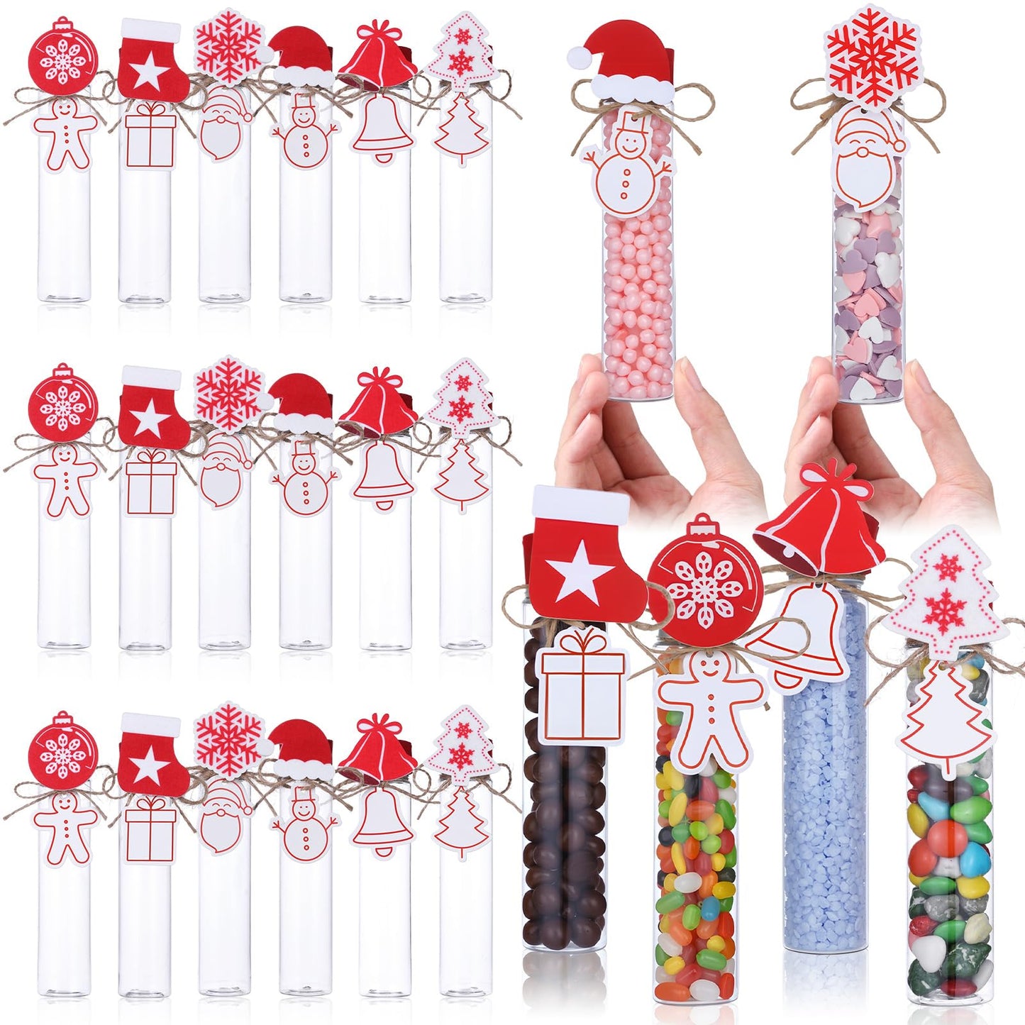 Acellegic 24 Set Christmas Candy Tubes 150 x 34 mm Plastic Test Tubes with Lids Cookie Snack Hot Chocolate Gift Container for Party Decorations Stocking Stuffers (Stylish)