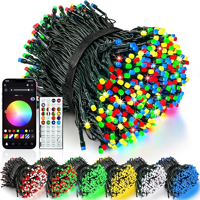 Smart Color Changing Christmas Lights with Remote & APP,208FT 600 LED RGB Dimmable Christmas String Lights, Waterproof Fairy Twinkle Light for Indoor Outdoor Xmas Tree Wedding Holiday Decorations
