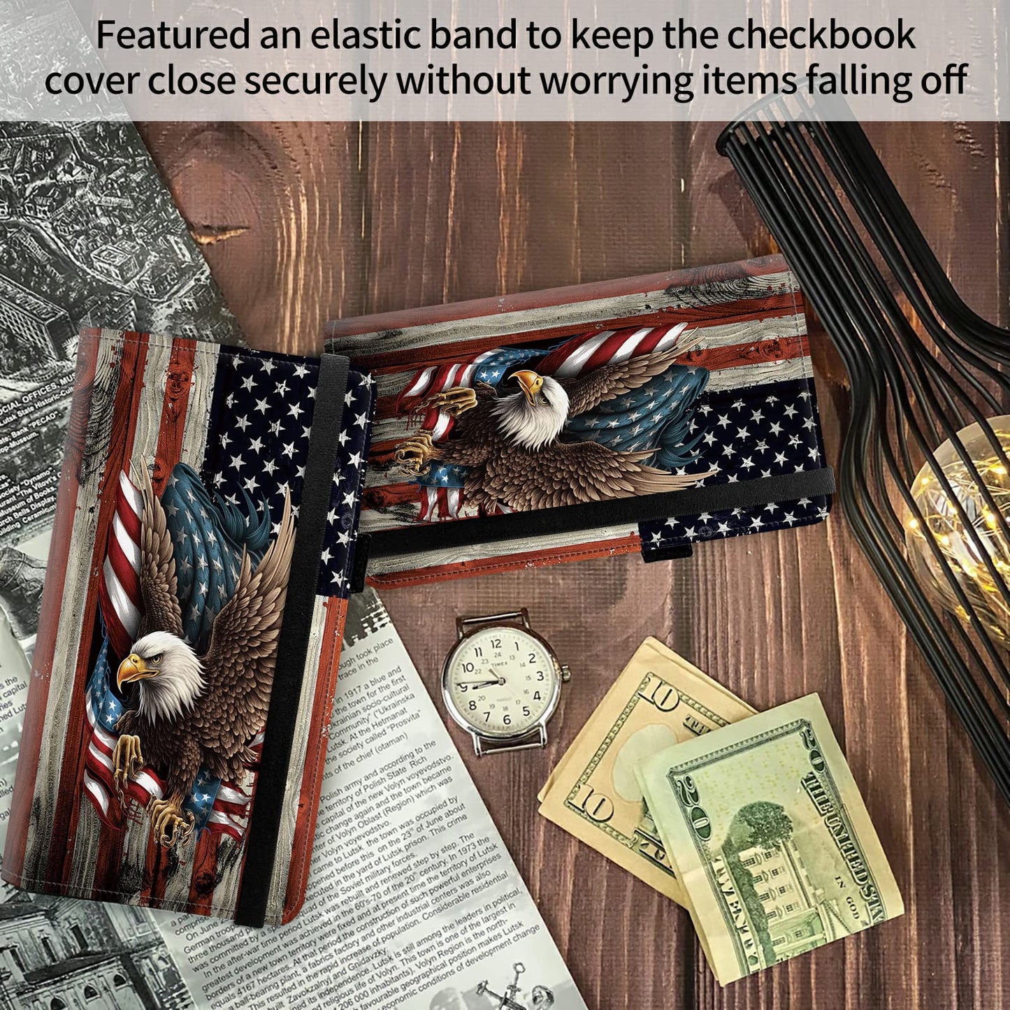 FUYOCWE Leather Checkbook Cover for Men Women Check book Holder Cover Wallets for Personal Checkbook Checks with RFID Blocking & Elastic Strap-Bald Eagle with Flag
