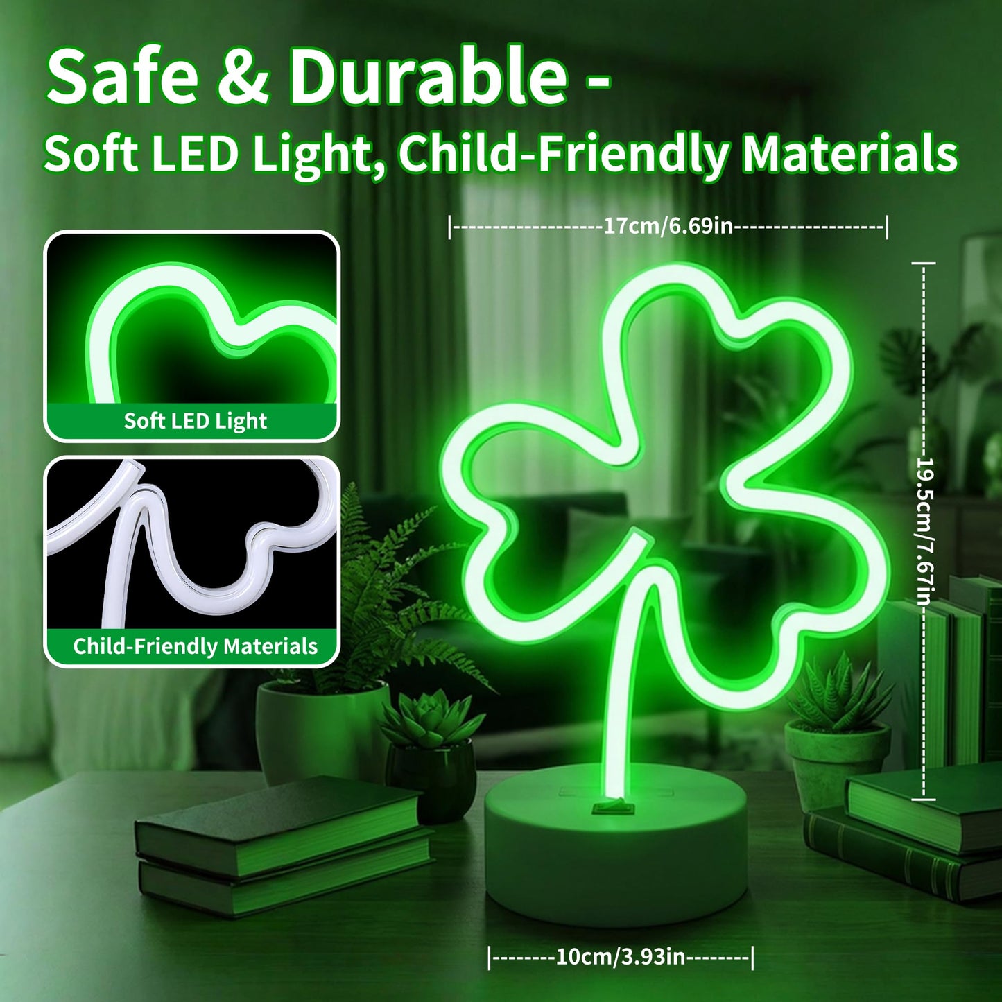 St Patrick's Day Shamrock Light - Patrick Party Neon Sign Decoration - Green Clover LED Night Light - USB or Battery Powered Table Lamp - Lucky Shamrocks Gifts for Kids - Decor for Window Room Bedroom