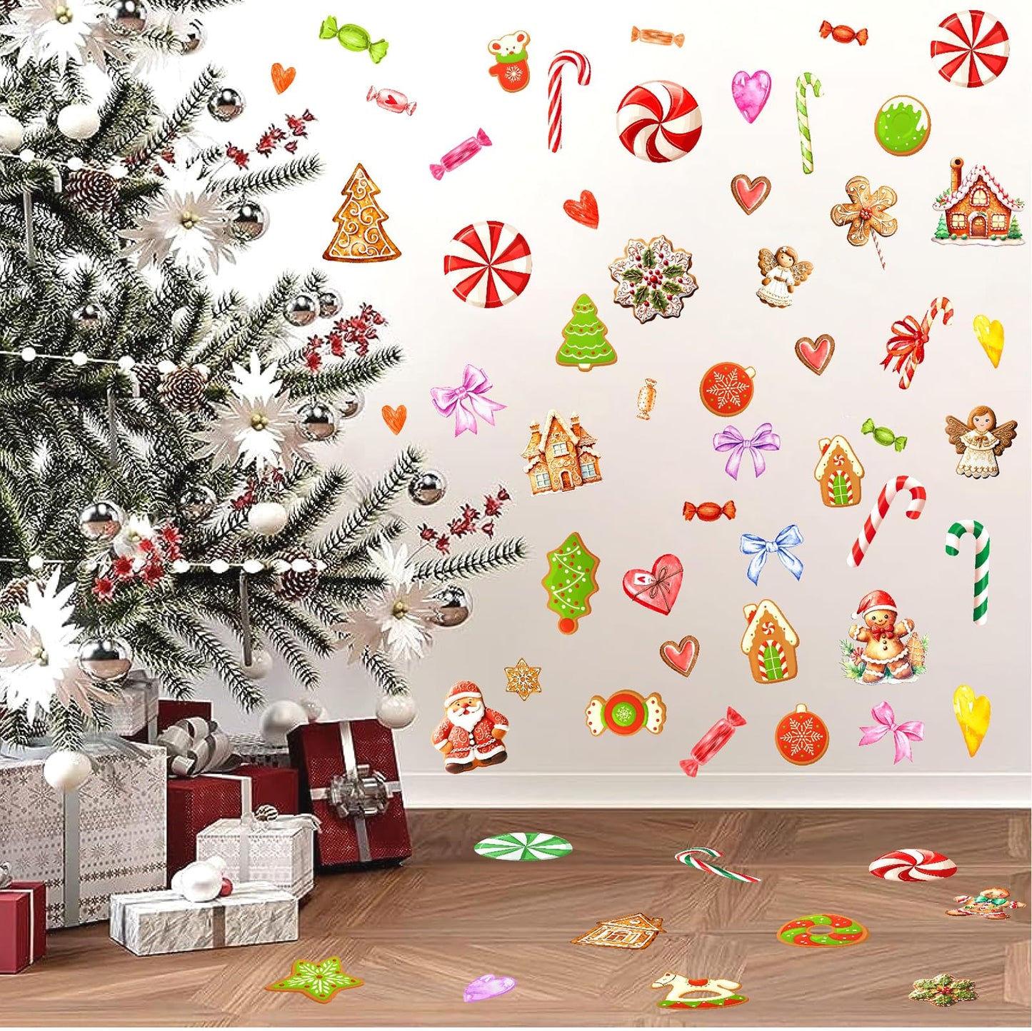 Christmas Ornaments Wall Decals Peel and Stick Christmas Candy Wall Stickers Removable Candy Cane Wall Stickers Peppermint Floor Decals Xmas Candyland Home Decor Holiday Party Decorations