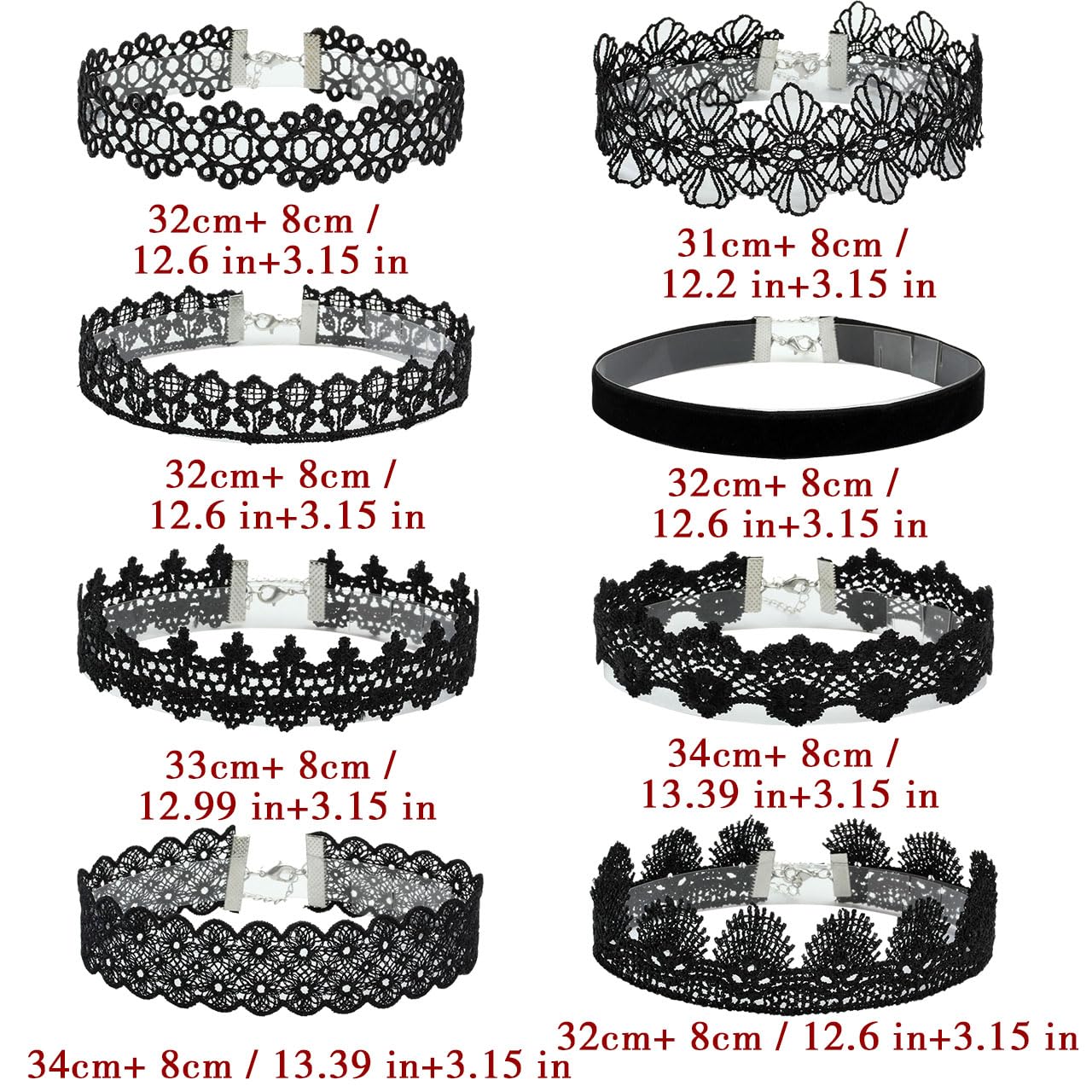 Eigso 8Pcs Gothic Tattoo Lace Choker Necklaces Set for Women Adjustable Black Collar Choker