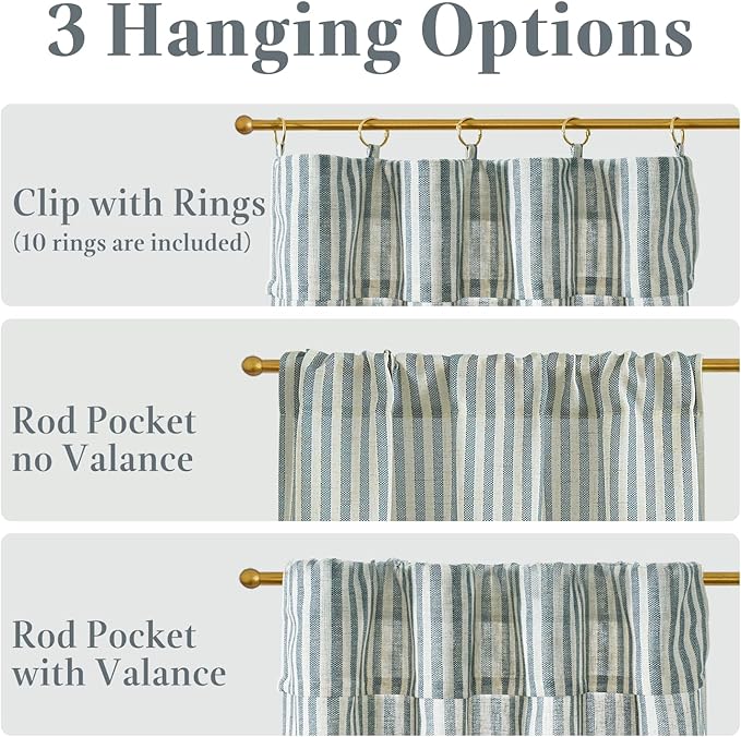 jinchan Striped Linen Kitchen Curtains with Attached Valance 36 Inch Length Cafe Tier Curtains for Living Room Rustic Half Window Light Filtering Rod Pocket Small Drapes 2 Panels Blue