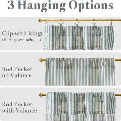 jinchan Striped Linen Kitchen Curtains with Attached Valance 36 Inch Length Cafe Tier Curtains for Living Room Rustic Half Window Light Filtering Rod Pocket Small Drapes 2 Panels Blue