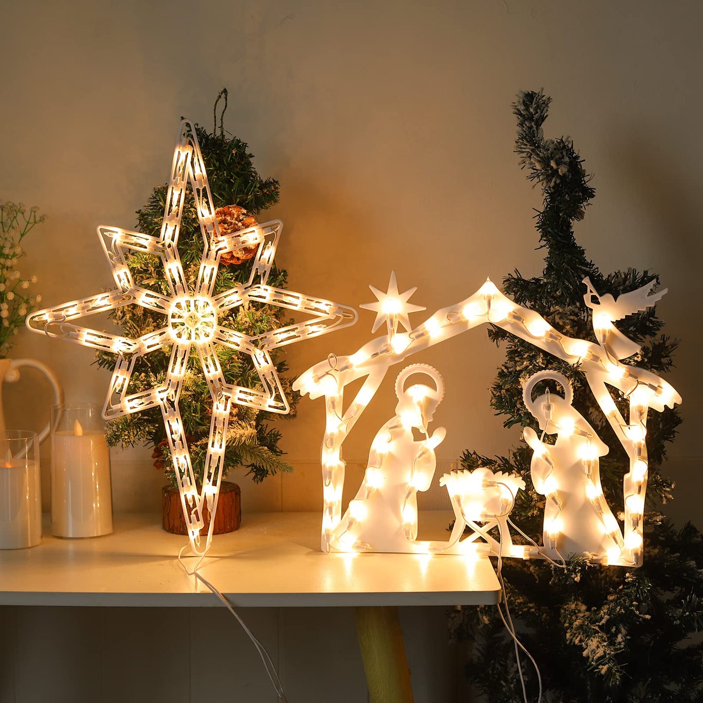 Xmasnova 2 Pack Christmas Window Lighted Decorations,Christmas Window Silhouette Lights,Double Side Christmas Sign Lamp Decoration for Holiday Indoor Wall Door Glass Decorations,Polaris,Nativity