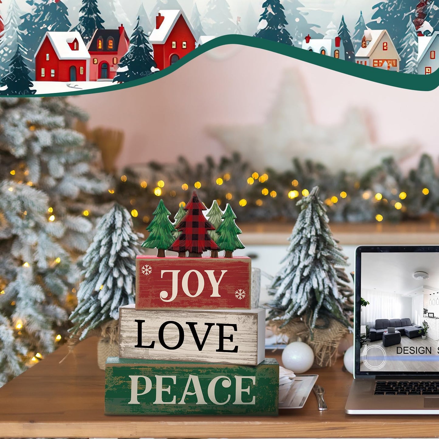 Lineshading 4 Pcs Christmas Table Decor Christmas Tree Centerpiece Joy Peace Love Sign Rustic Decorative Tree Block Signs Gift Winter Tiered Tray Decor Farmhouse for Home Xmas Party Kitchen Shelf
