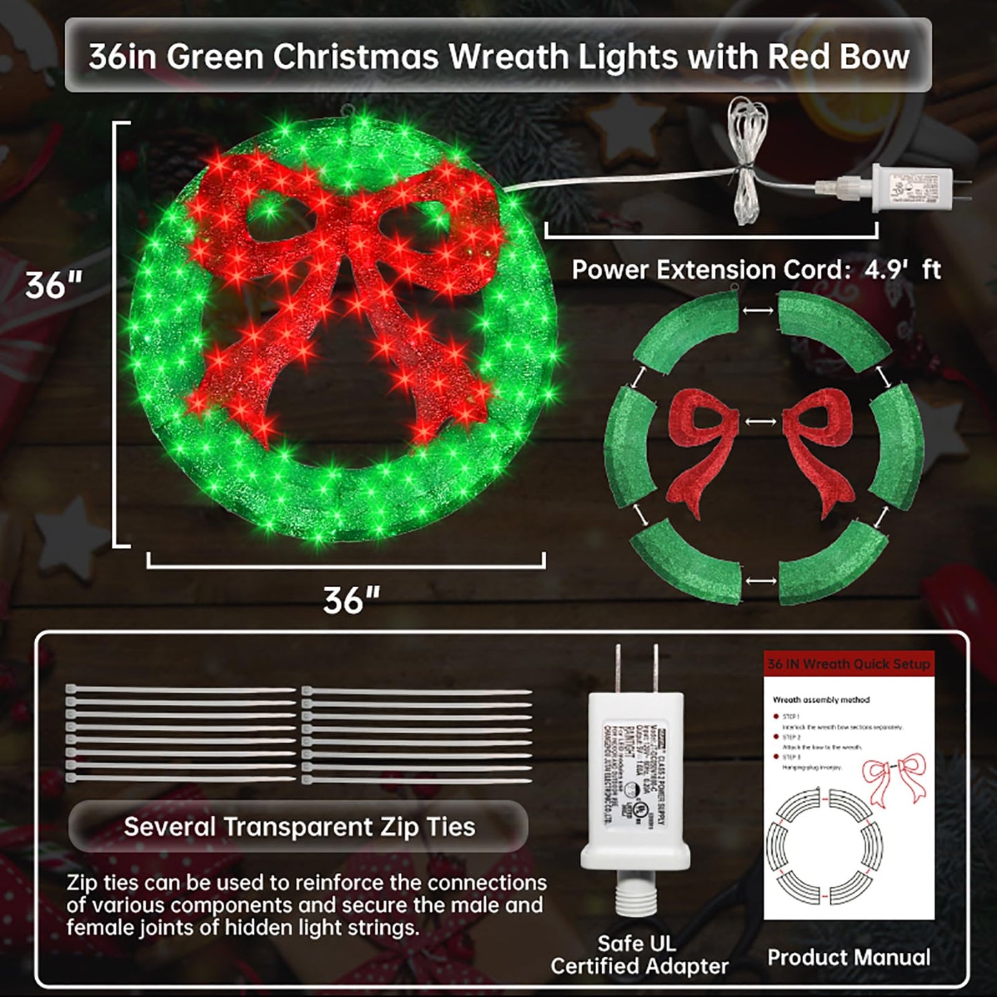 Outdoor Christmas Wreath Decoration - 36" Bright LED Christmas Wreath Lights with Bow, Large Lighted Christmas Wreaths Window Lights for Wall, Windows, Front Door Decor, Red Bow - Green Wreath