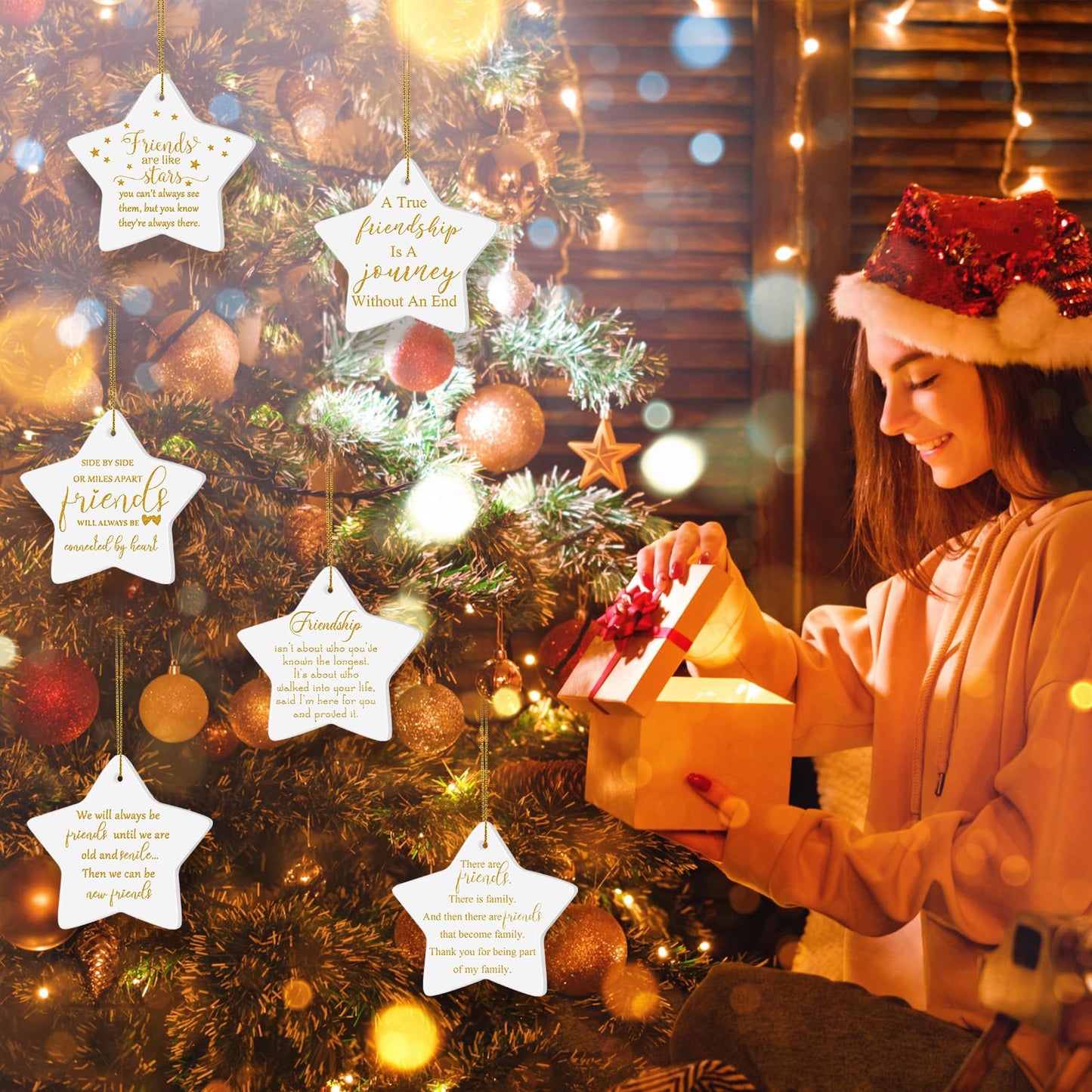Suzile 6 Pcs Friendship Christmas Ornaments Long Distance Sister Christmas Ornament Gift Round Sisters Friends Ornaments with Holiday Cards Organza Gift Bag for Christmas Tree (Star)