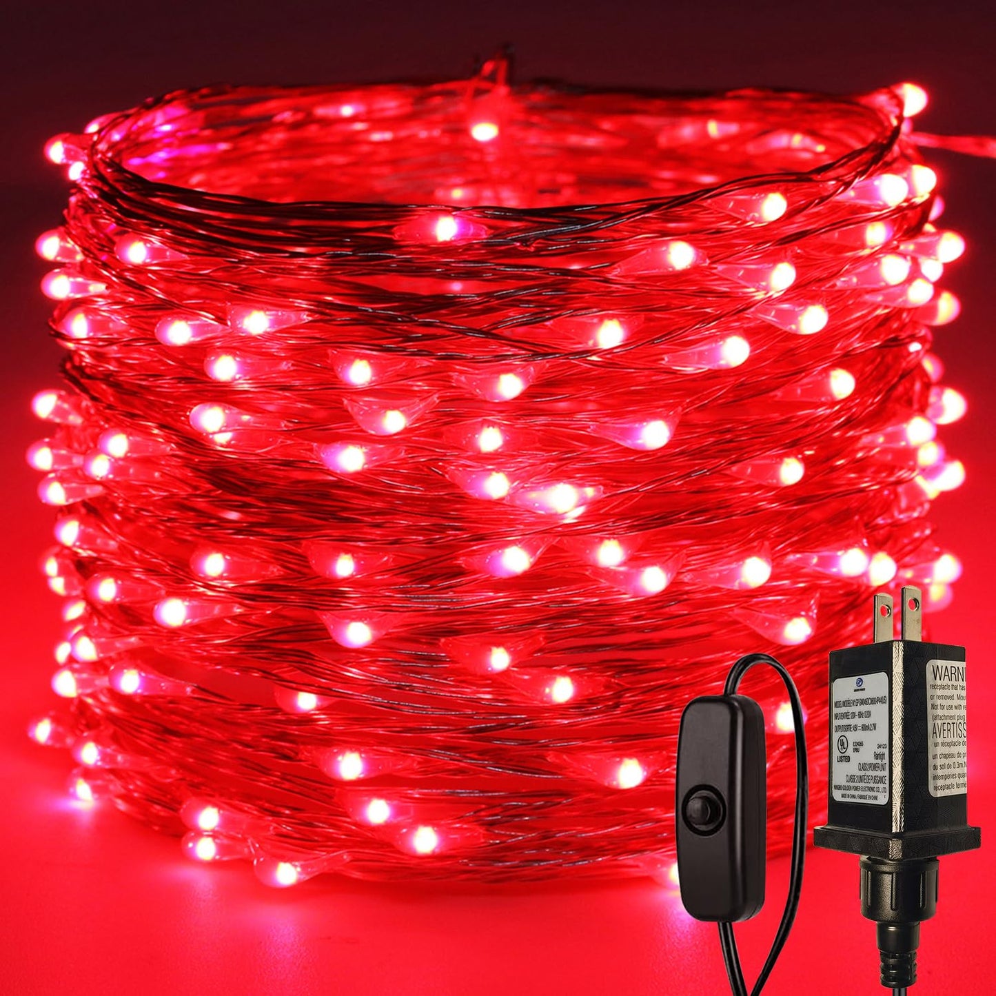 RUICHEN Plug in Fairy Lights with Switch, Waterproof 66 Ft 200 LED Silver Wire Starry String Firefly Lights for Bedroom, Patio, Garden, Balcony, Dorm, Red
