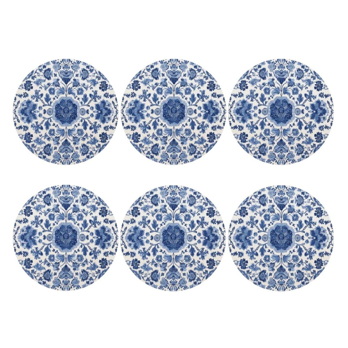 White Blue Pattern Coasters for Drinks Absorbent Leather Coasters Set of 6 for Coffee Table Cup Bar Desk Round Coaster Mats Holiday New Home Decors