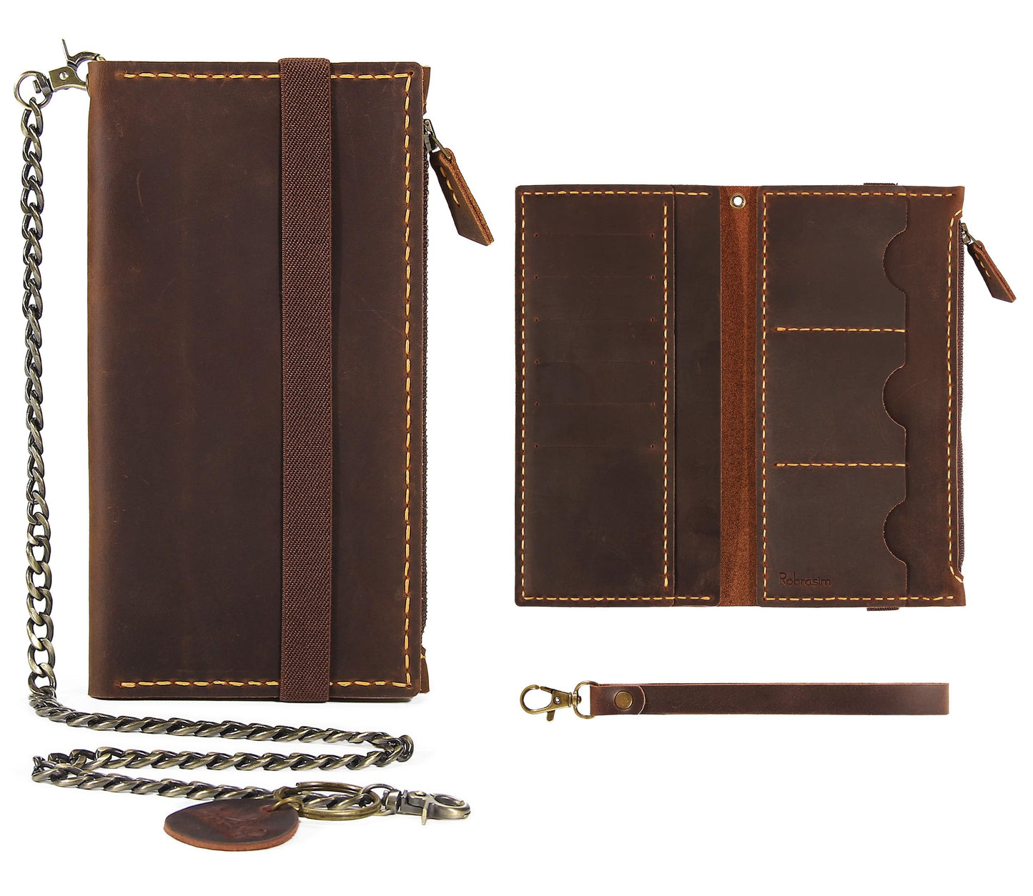 Robrasim Leather Wallet for Men and Women, Handmade Detachable Chain Wristlet Long Bifold Clutch with Large Capacity Zipper Coin Pocket (Coffee, 7.87"x4.17")