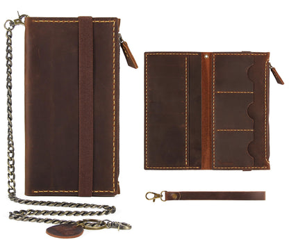 Robrasim Leather Wallet for Men and Women, Handmade Detachable Chain Wristlet Long Bifold Clutch with Large Capacity Zipper Coin Pocket (Coffee, 7.87"x4.17")