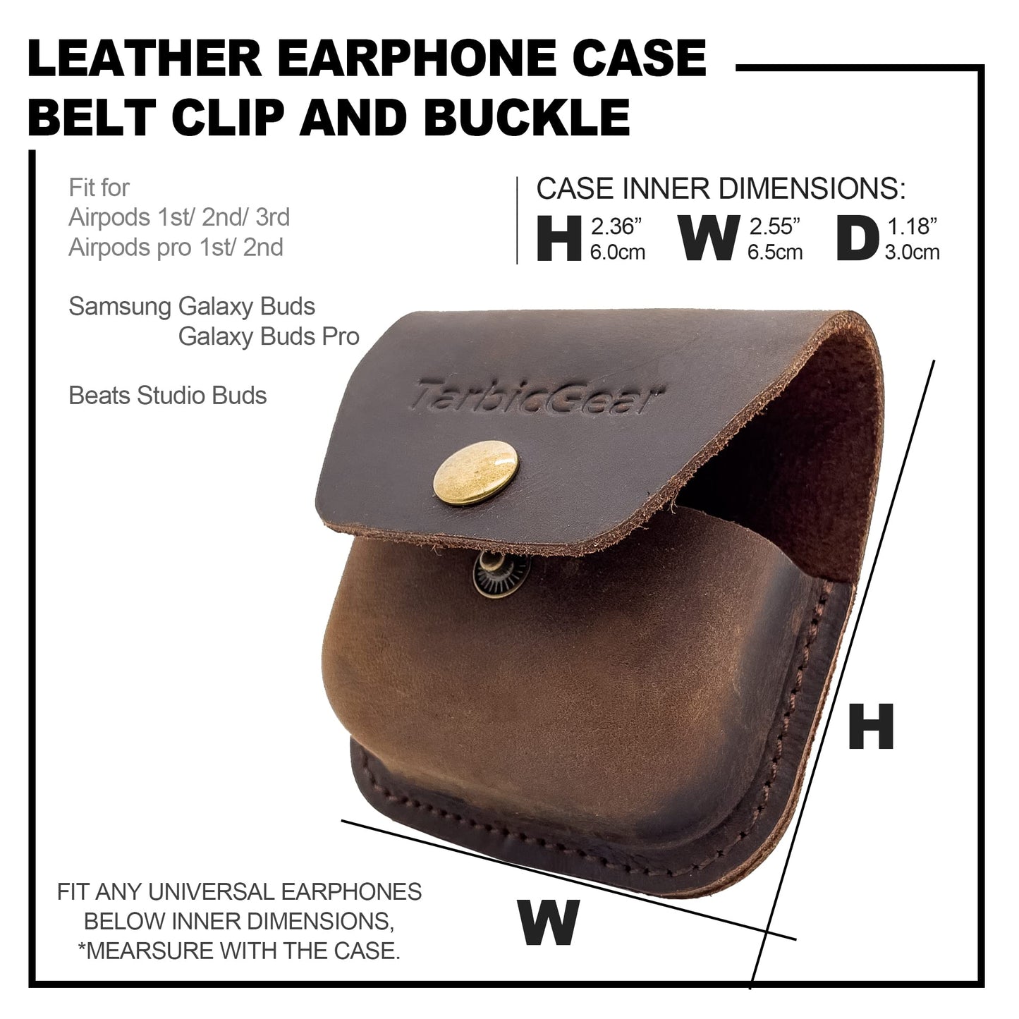 TarbicGear Belt Clip Airpod Case, Universal Leather Belt Holster for Airpod Pro, Samsung Galaxy Buds and Beats Studio Buds, Real Leather Earbuds Pouch for Belt, Brown Color