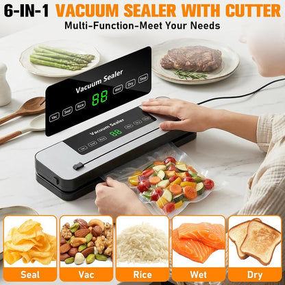 Vacuum Sealer Machine - 6-in-1 One-Touch Automatic Food Saver with Built-in Cutter | Dry & Wet Modes, Digital Timer, 30 Bags - Grey