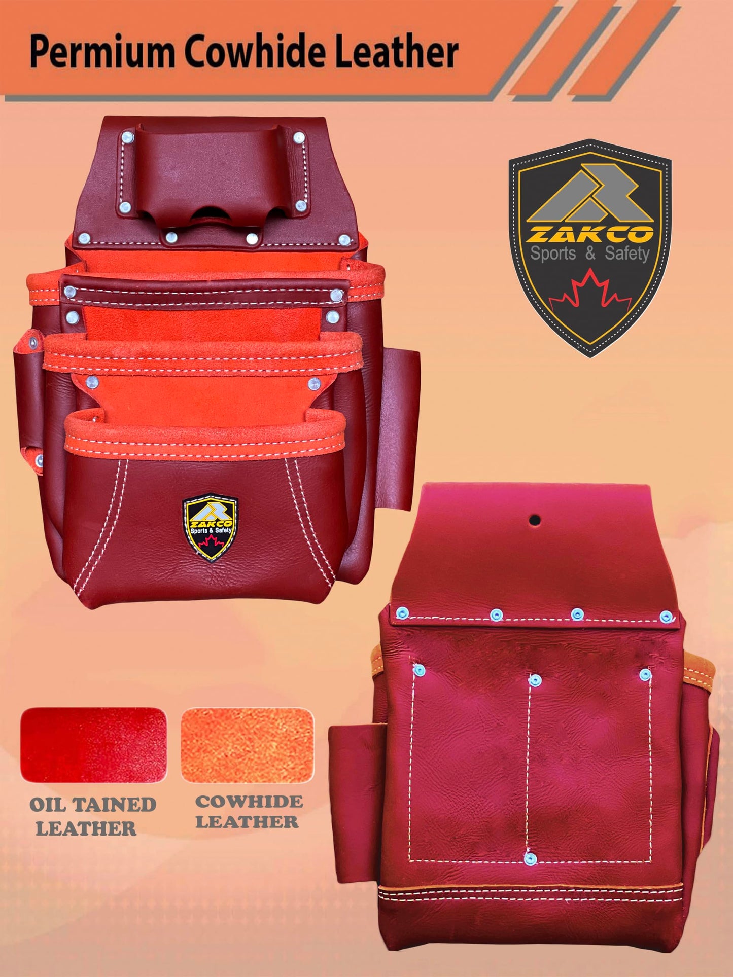ZAKCO PRO-19 Genuine Grain Leather Multi Pockets Construction Tool Rig, Carpenter Tool Belt, 2 Leather Tool Pouches, Pro Style Tool Belt for Framers, Handyman, Drywall & Roofers (MAROON, Full Size)