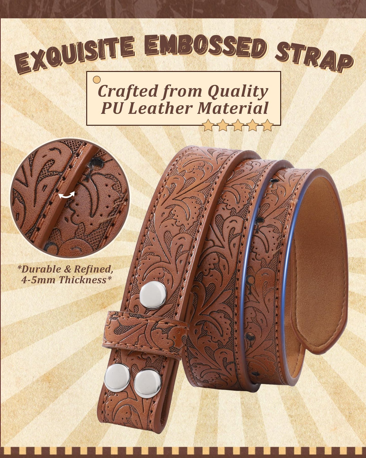AWAYTR Kids Western Belt with Detachable Buckle - PU Leather, 3 Sizes (23"-34.5"), Adjustable for Daily Wear & Halloween (Cow Buckle-Brown, Fit Waist: 26.5"-30")