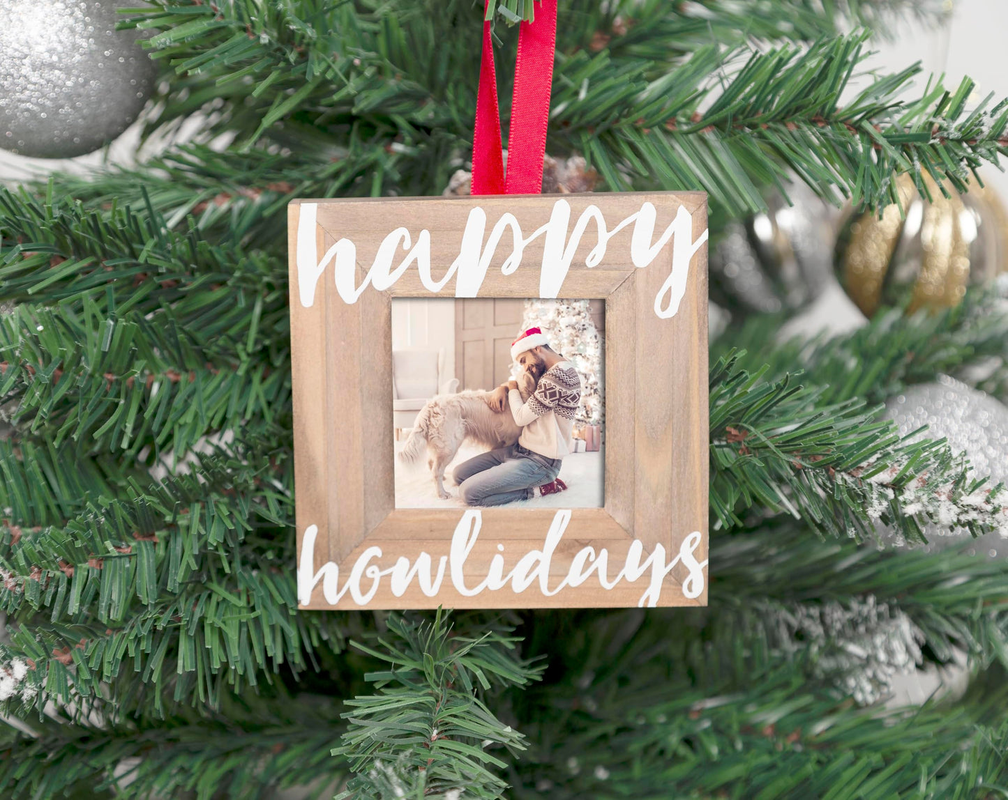 Pearhead Happy Howlidays Wooden Christmas Photo Ornament, Rustic Dog Picture Frame Christmas Tree Keepsake