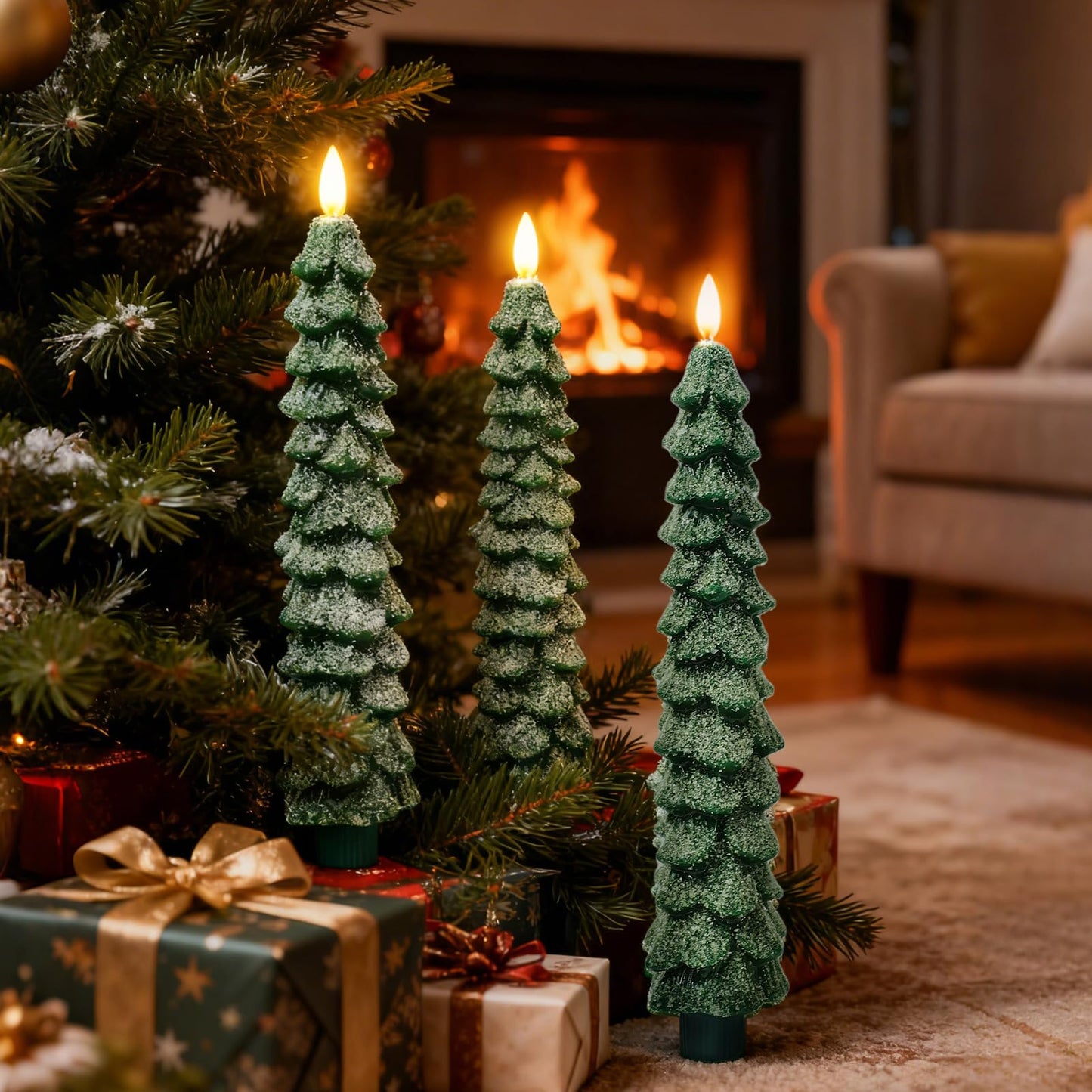 KDVOG 3 Pack Frosted Christmas Tree Candles with Remote, 9.7 Inch Real Wax flameless Taper Candles, LED Green Candlesticks with 3D Flickering Flame for Xmas New Year Home Decor Gifts