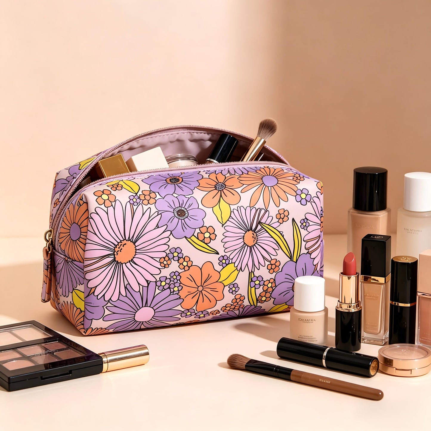 RCFJ b y K L A N D Hard Makeup Case with Mirror and Flower-Patterned PU Leather Cosmetic Bag