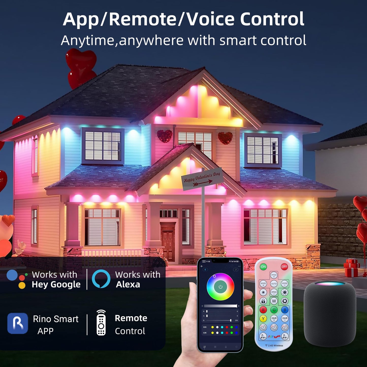 Qeeanmo Permanent Outdoor Lights 100FT RGB+IC Smart String Lights for House, App & Remote Control, Waterproof IP67 LED Eaves Lights, Music Sync, 212 Scene Modes, Outdoor Christmas Patio Roof Decor