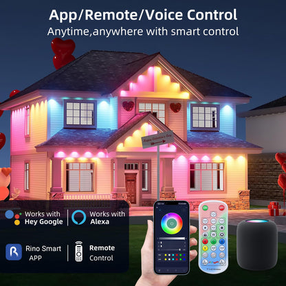 Qeeanmo Permanent Outdoor Lights 100FT RGB+IC Smart String Lights for House, App & Remote Control, Waterproof IP67 LED Eaves Lights, Music Sync, 212 Scene Modes, Outdoor Christmas Patio Roof Decor