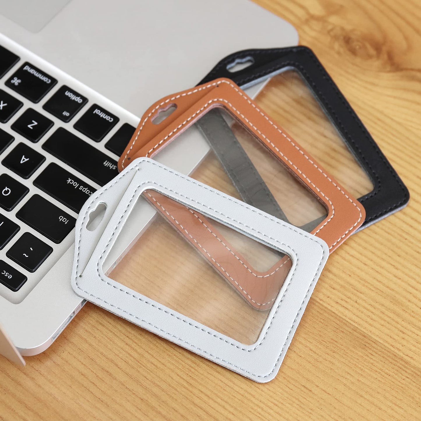 Vividwise 3 Pcs Vertical Leather Badge Holders, Black/Brown/Gray ID Holder for Lanyard, Waterproof Clear Card Holder for School ID Office ID, ID Protector for Women,Men