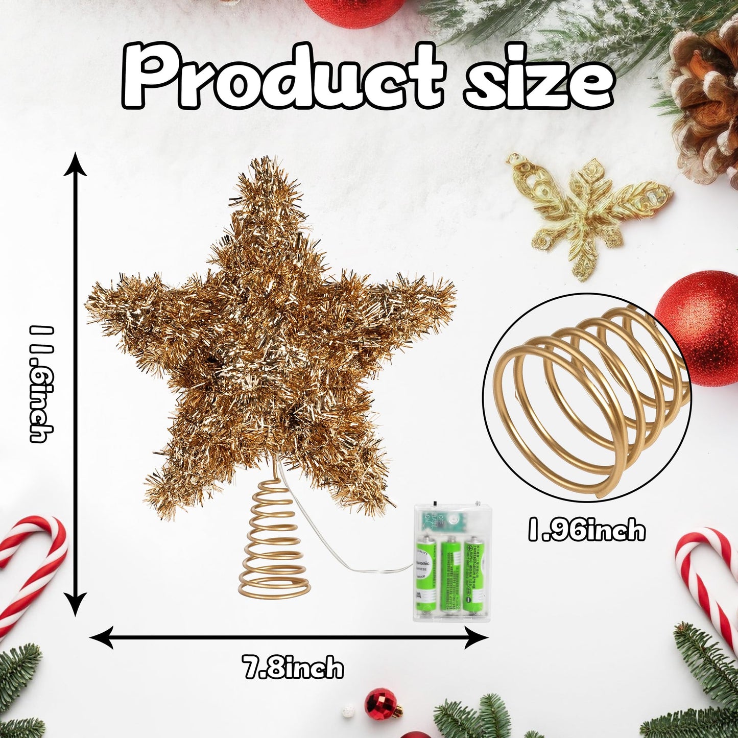 Joytry Christmas Tree Topper Star Shiny Gold Tinsel Star Tree Topper 10 Inch Lighted Tree Topper Battery Operated Christmas Tree Decoration for Holiday Indoor Decoration Warm White Light