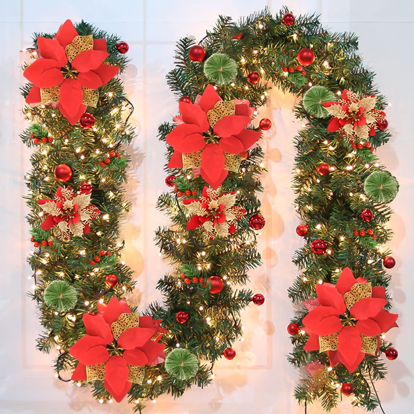 9FT Prelit Artificial Christmas Garland with Lights: Greenery Garland Decoration with 30 Warm LED Lights - Xmas Garland for Office Fireplace Mantle - Christmas's Day Indoor Outdoor Holiday (Garland3)