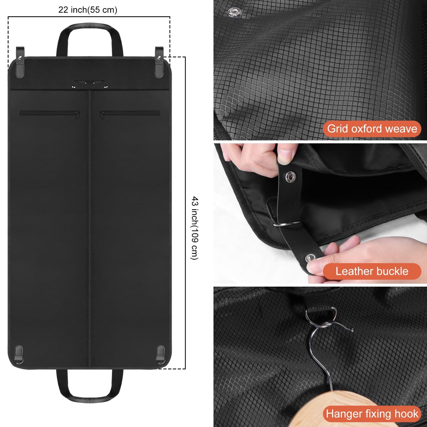 Univivi 43" Garment Bags for Travel, Heavy Duty Suit Travel Bag for Men&Women, Foldable Garment Bags for Hanging Clothes with 5 Zipper Pockets for Suit, Coats, Shirt,Short Dress