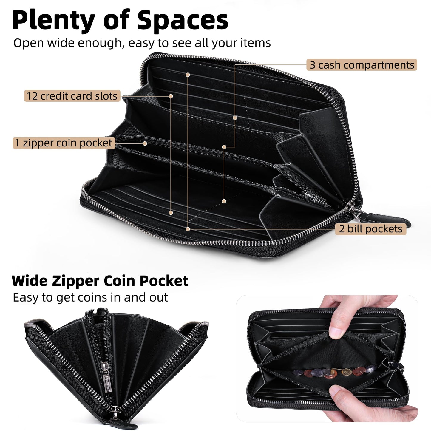 VISOUL Leather Long Zipper Pouch Wallet for Men and Women with RFID Blocking, Large Clutch Cash Long Wallet with Zipper (Black)