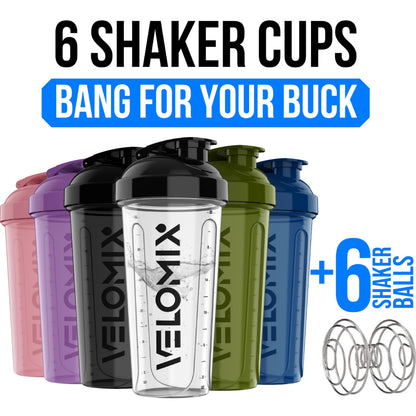 VELOMIX -6 PACK- 28 oz Protein Shaker Bottle for Protein Mixes -6x Wire Whisk | Leak Proof Shaker Cups for Protein Shakes | Large, Stackable Protein Shaker Bottle Pack