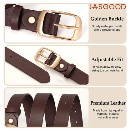 JASGOOD 3 Pack Women Belts for Jeans Pants Fashion Leather Waist Belt for Women with Gold Buckle,Black+Brown+Coffee