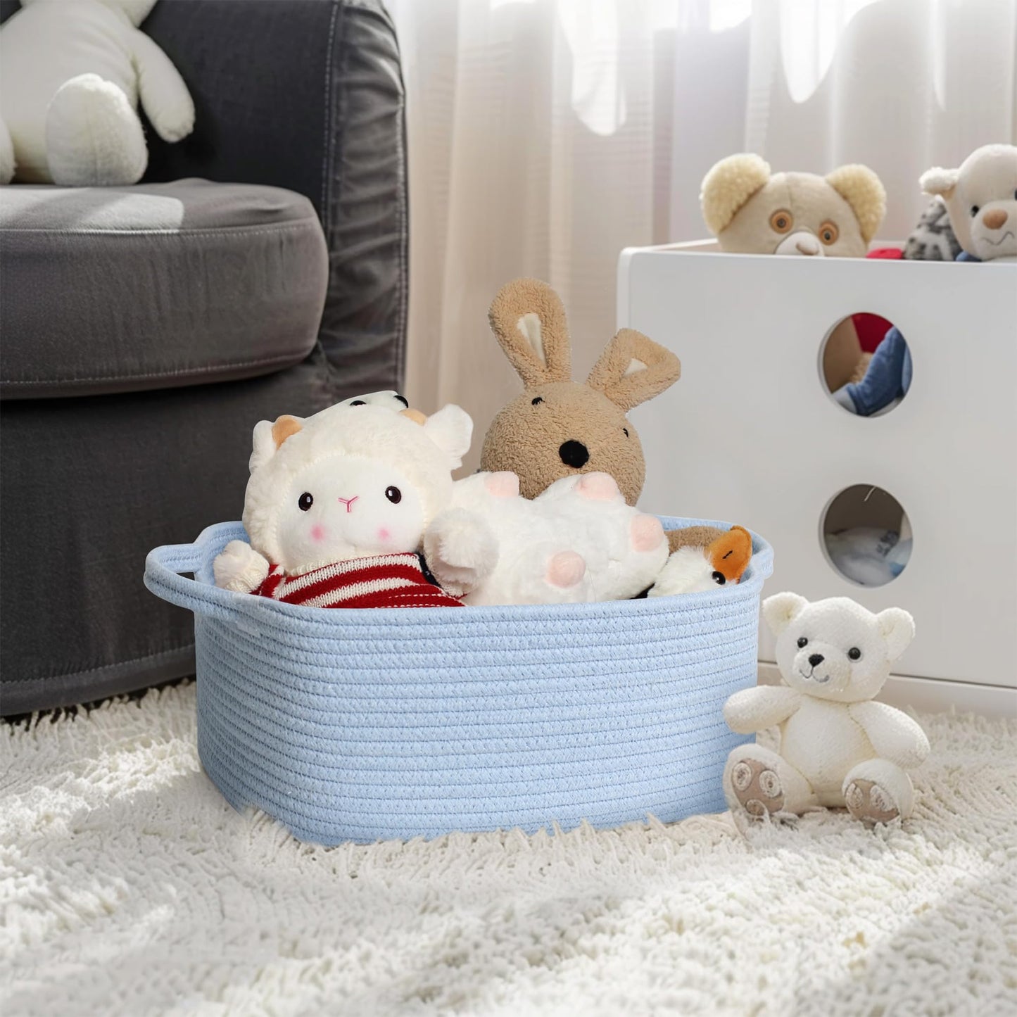 MEGASKET Blue Woven Basket, 13.5” x 10” x 6” Blue Empty Gift Basket to Fill, Decorative Cotton Rope Storage Bin for Organizing, Cute Baby Nursery Organizer, Rectangle Dog Toy Bin, Room Decor
