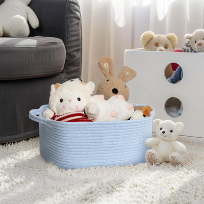 MEGASKET Blue Woven Basket, 13.5” x 10” x 6” Blue Empty Gift Basket to Fill, Decorative Cotton Rope Storage Bin for Organizing, Cute Baby Nursery Organizer, Rectangle Dog Toy Bin, Room Decor