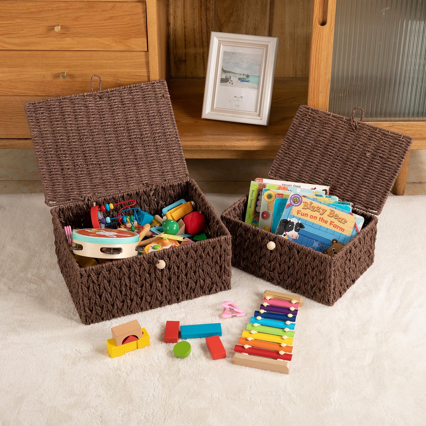 OIAHOMY Wicker Storage Basket with Lid & Lock, Lidded Storage Bins, Decorative Baskets for Organizing, Set of 2-Brown