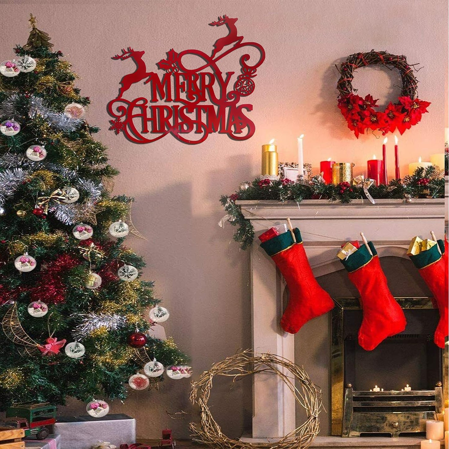 Metal Merry Christmas Wall Decor Christmas Sign Letter Decorative Hanging Plaque Suitable For Indoor Outdoor Room Yard Holiday Decoration