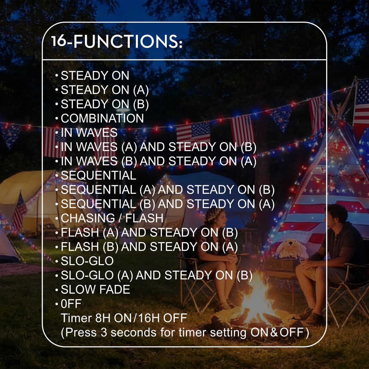 TWINGLEHOME 100 LED String Lights 33FT (10M) with Copper Wire, Multifunctional Modes Lighting (Red, White, Blue) for Nation Day